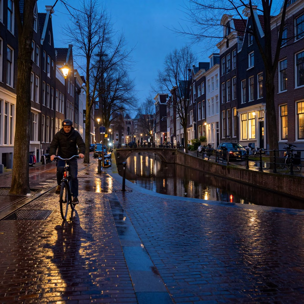 Amsterdam Blue Hour Street Scene With Wet Cobblestones And Canal Reflections in in Amsterdam, Netherlands