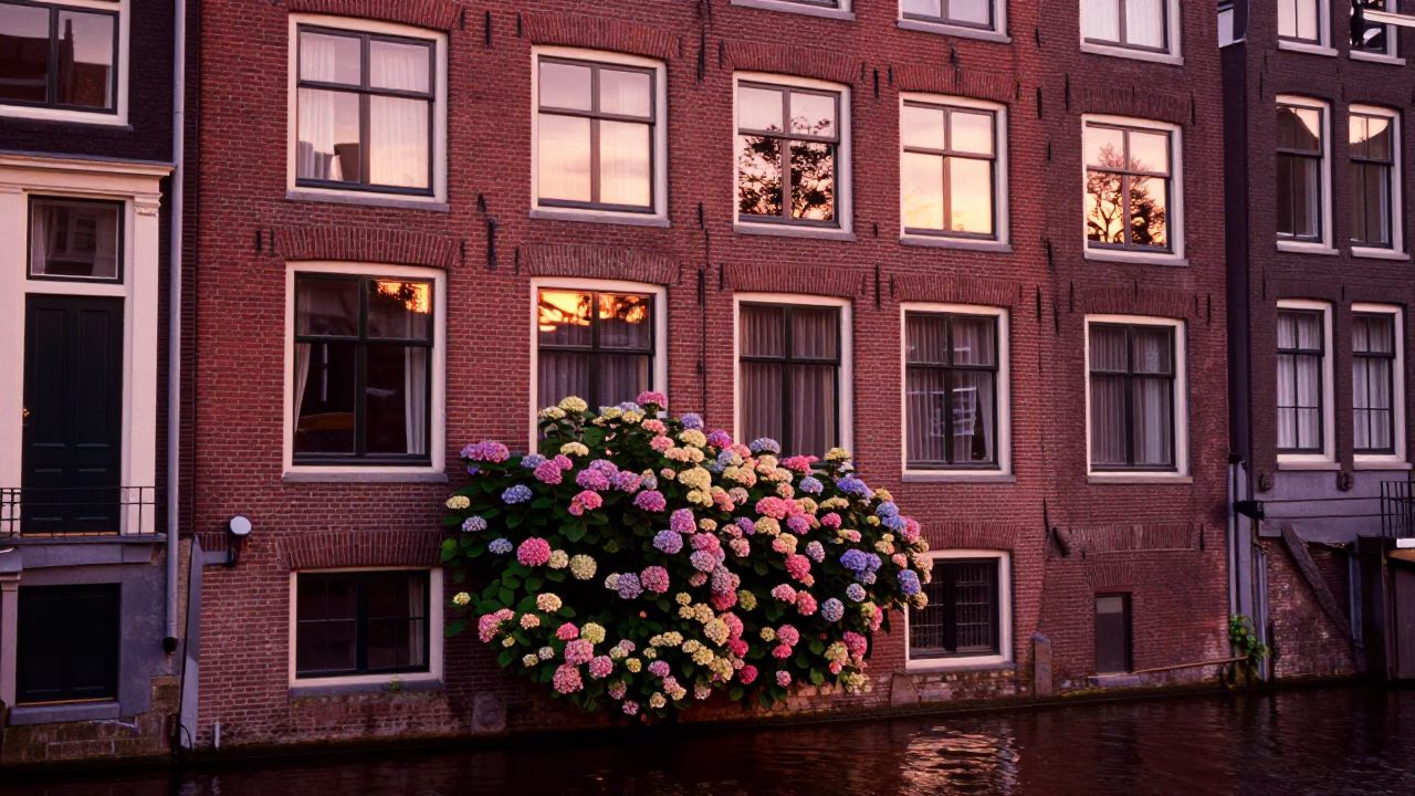 Amsterdam Brick Facade at Copper-toned Light Before Dusk in in Amsterdam, Netherlands