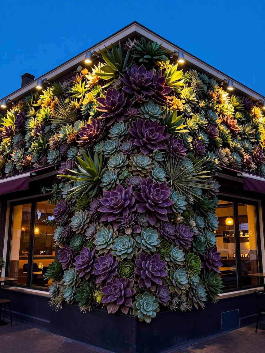 Amsterdam Cafe Exterior Living Wall of Succulents Blue Hour Lighting in in Amsterdam, Netherlands