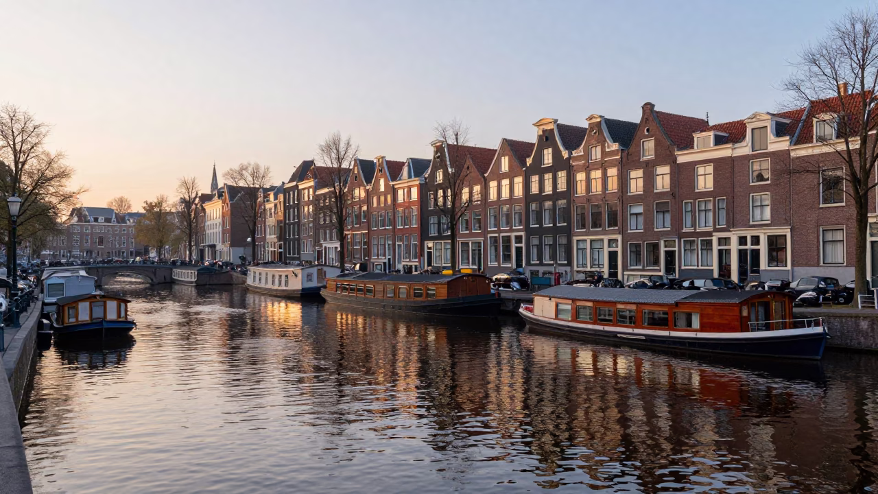 Amsterdam Canal at Dawn with Traditional Houseboats and Morning Mist in in Amsterdam, Netherlands