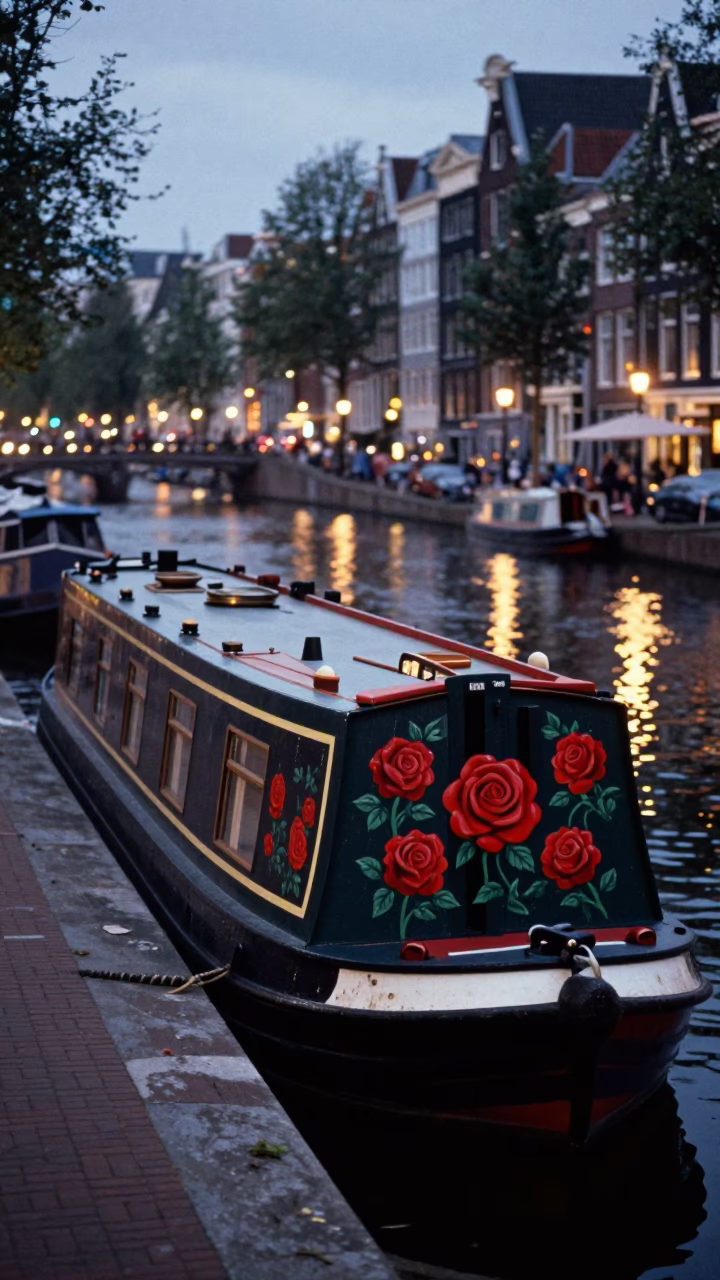 Amsterdam Canal at Dusk Narrowboat with Roses Painted Hull Reflected in Wet Cobblestones in in Amsterdam, Netherlands