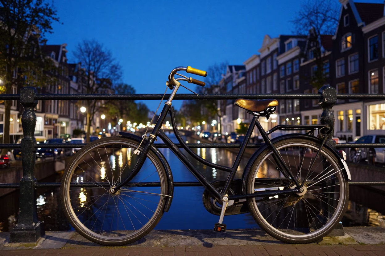 Amsterdam Canal at Dusk with Vintage Bicycle and Brass Details in in Amsterdam, Netherlands