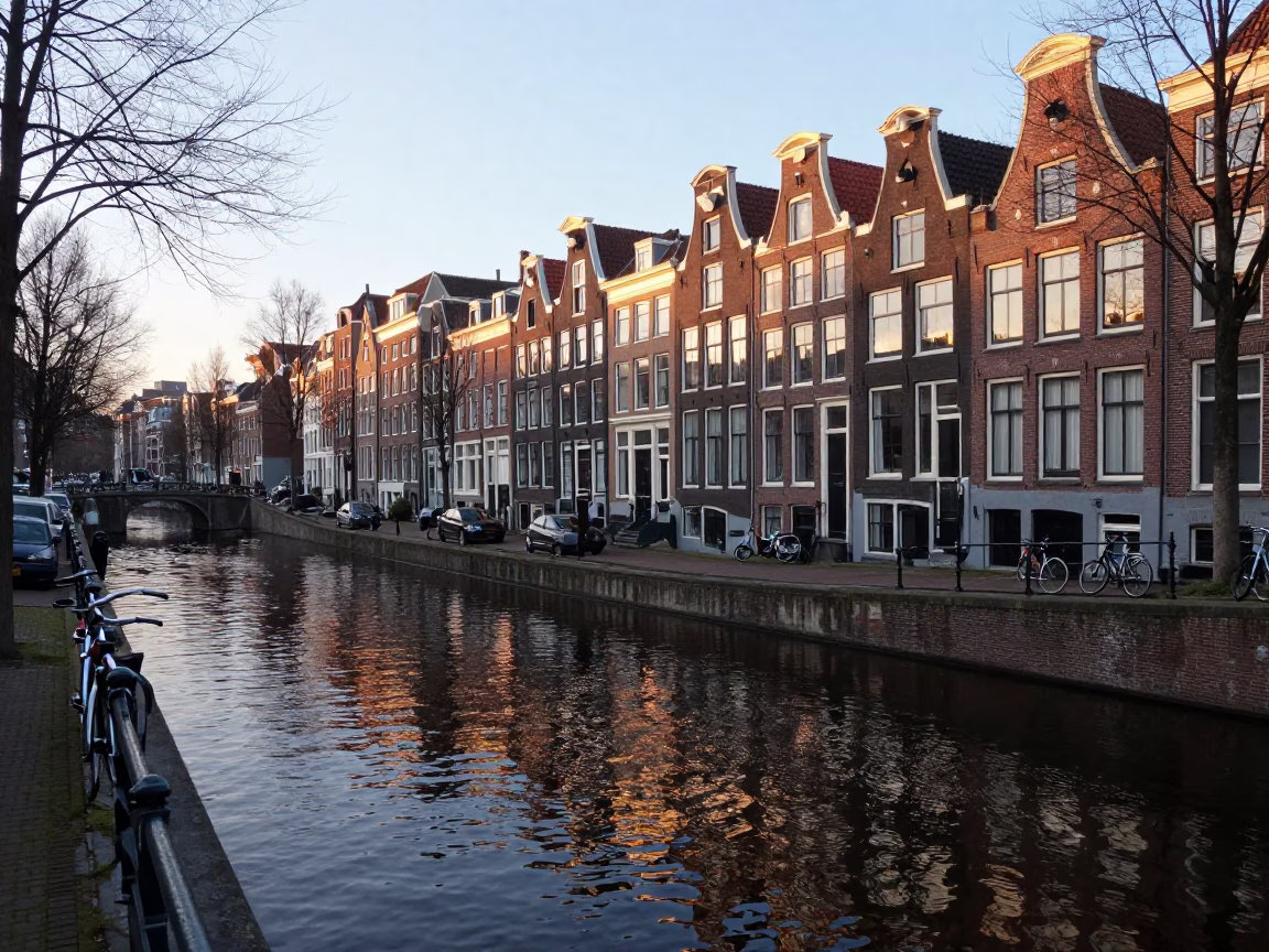 Amsterdam Canal at Nautical Dawn with Bicycle and Brick Architecture in in Amsterdam, Netherlands