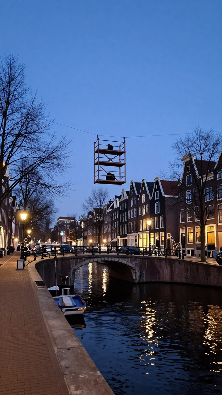 Amsterdam Canal at Nautical Dawn with Bridge Maintenance Cage and Crocuses in Snow in in Amsterdam, Netherlands