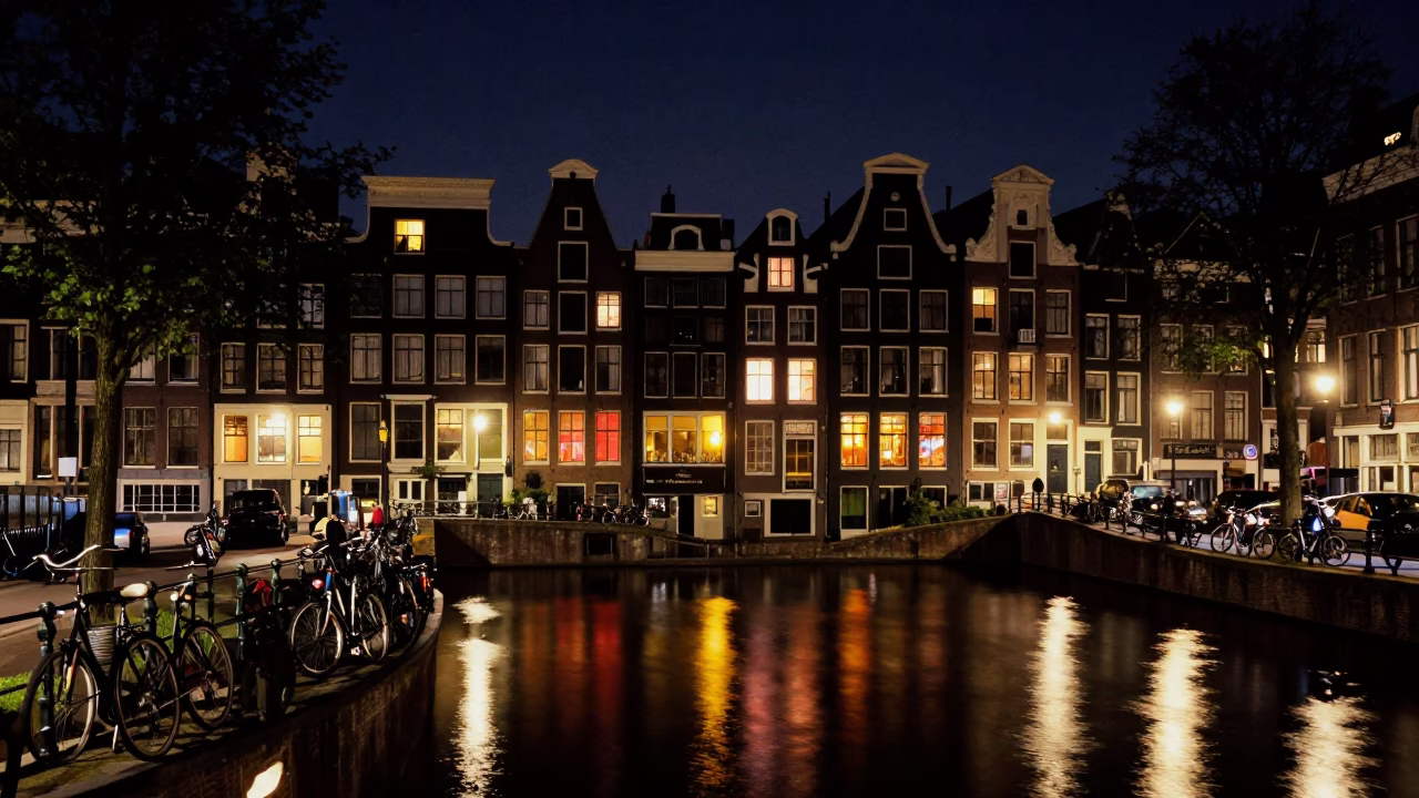 Amsterdam canal at night with bicycles and colorful reflections under deep sky in in Amsterdam, Netherlands