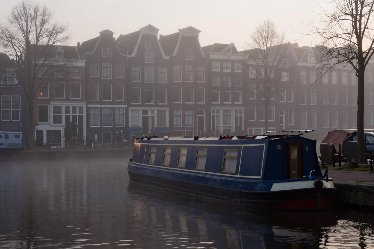 Amsterdam canal at predawn with narrowboat and misty water taxi reflection in in Amsterdam, Netherlands