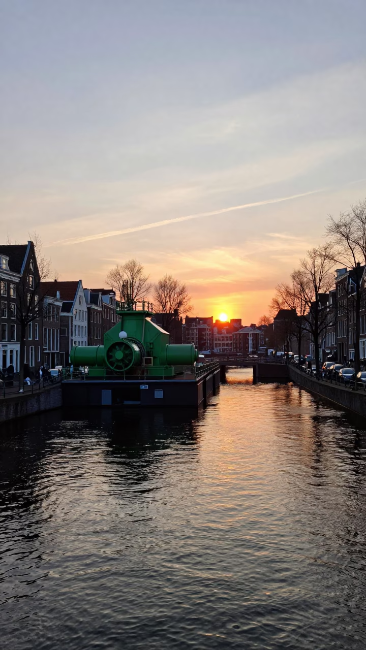 Amsterdam Canal at Sunset with Green Pump Station and Garden Shears in in Amsterdam, Netherlands