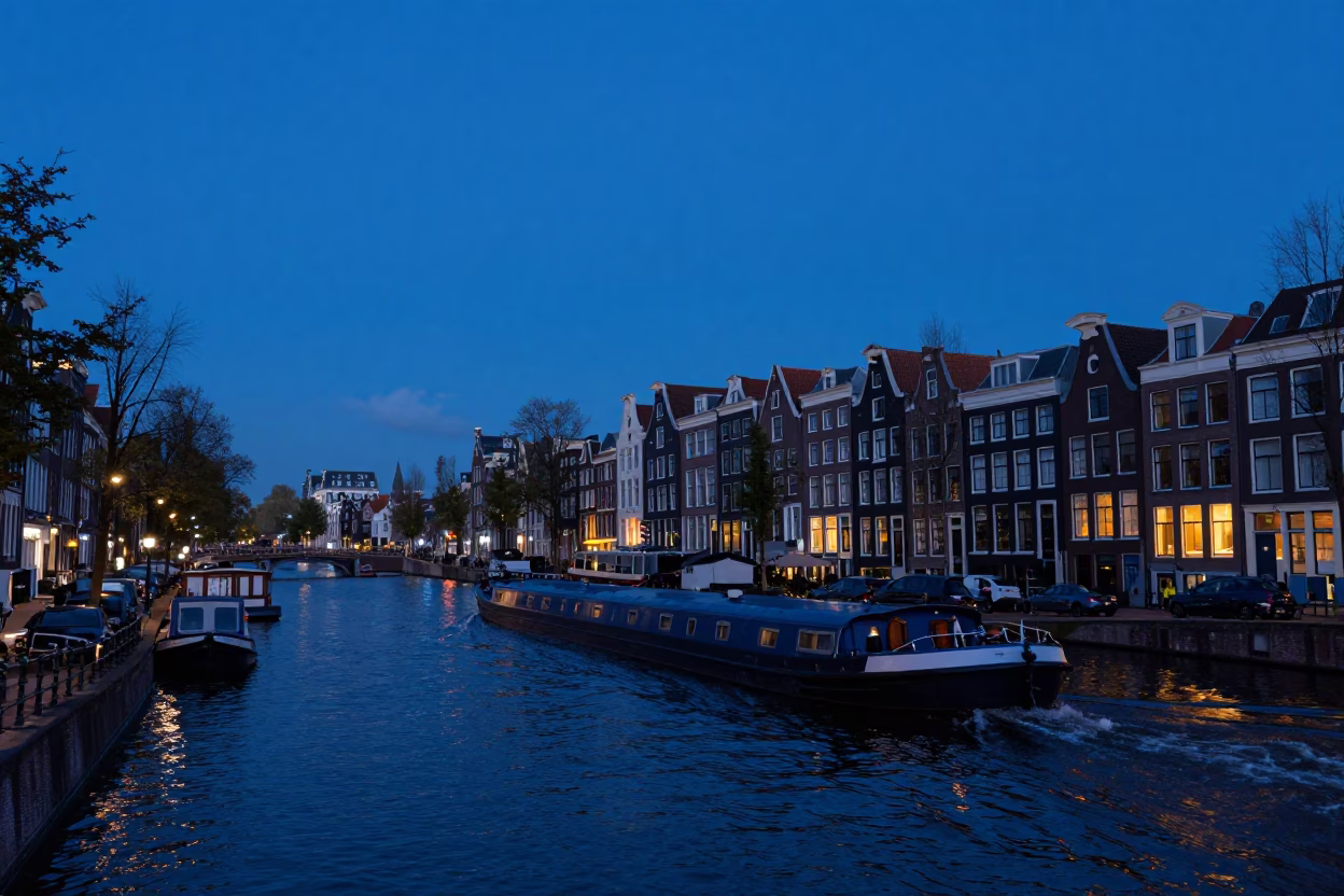 Amsterdam Canal Barge Cargo at Indigo Twilight Netherlands Street Scene in in Amsterdam, Netherlands