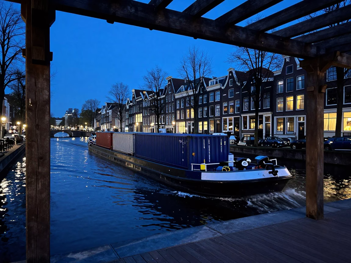 Amsterdam Canal Barge Cargo in Evening Blue Light with Clematis Pergola in in Amsterdam, Netherlands