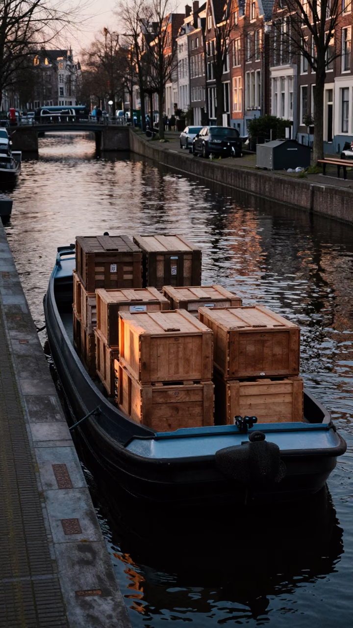 Amsterdam Canal Barge Loaded with Cargo Docked at Dawn in Netherlands in in Amsterdam, Netherlands