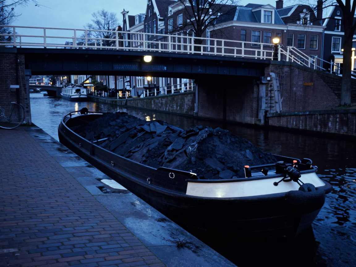 Amsterdam canal barge under railroad bridge in evening blue light dusk in in Amsterdam, Netherlands