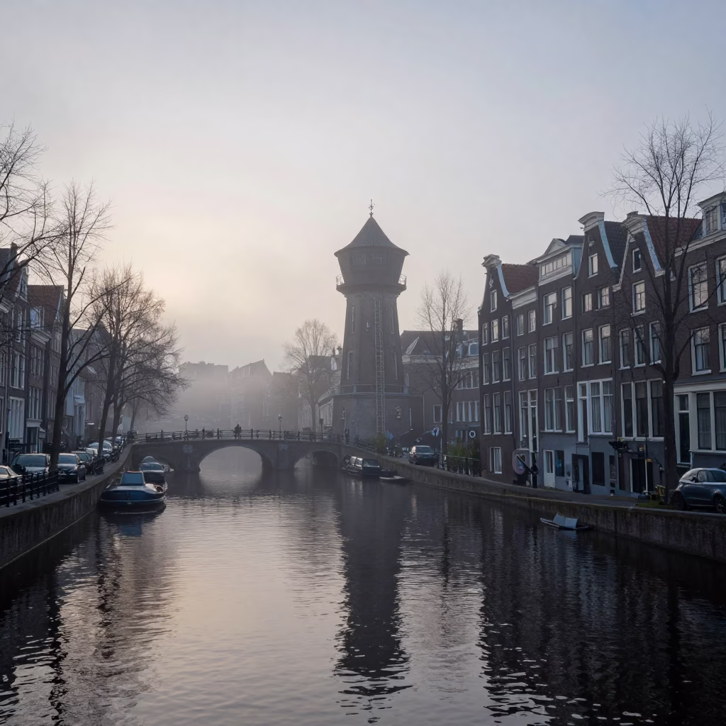 Amsterdam Canal Before Sunrise Water Tower Ladder and Misty Morning Light in in Amsterdam, Netherlands