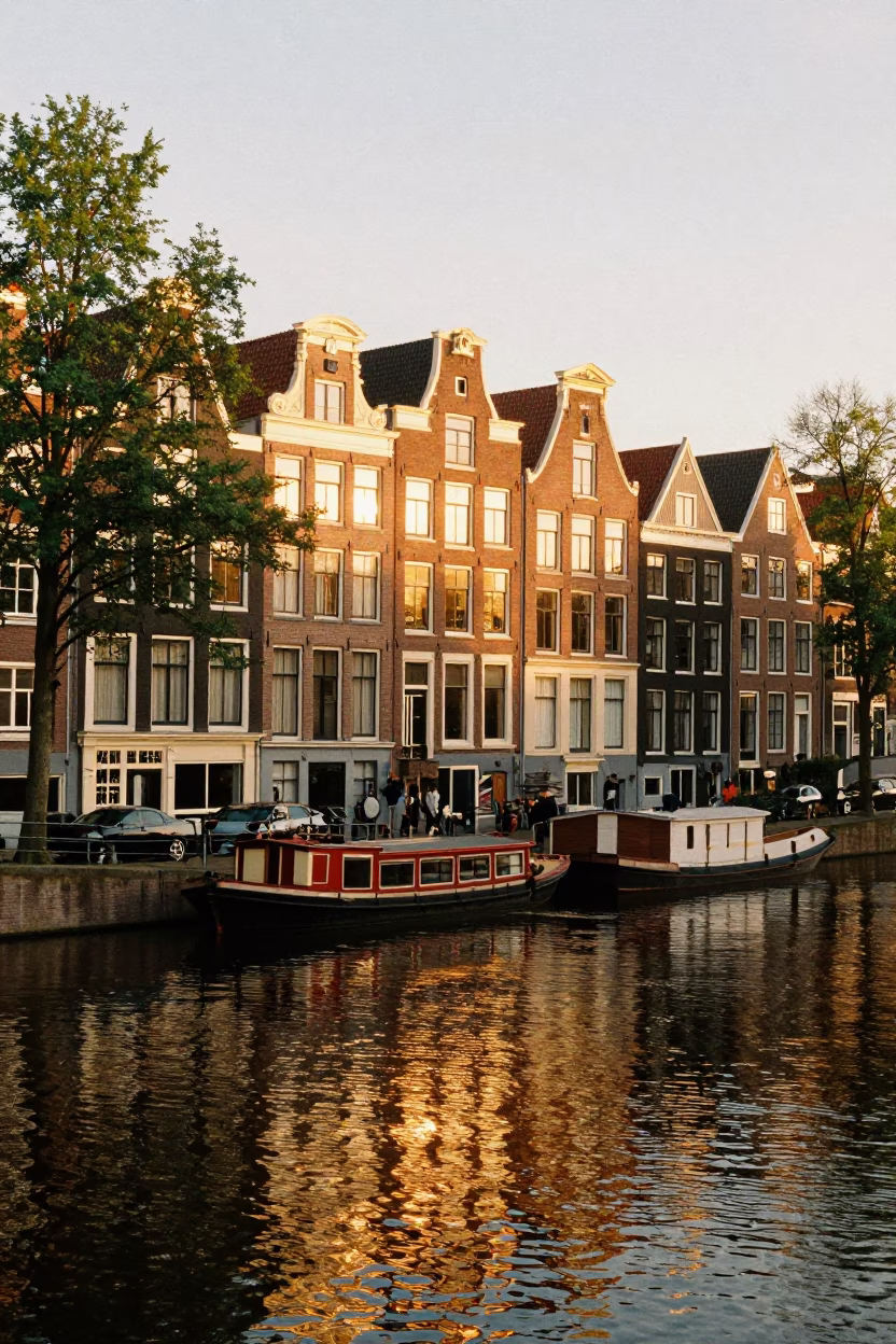 Amsterdam Canal Bend at Sunset with Traditional Houseboats and Delphinium Borders in in Amsterdam, Netherlands