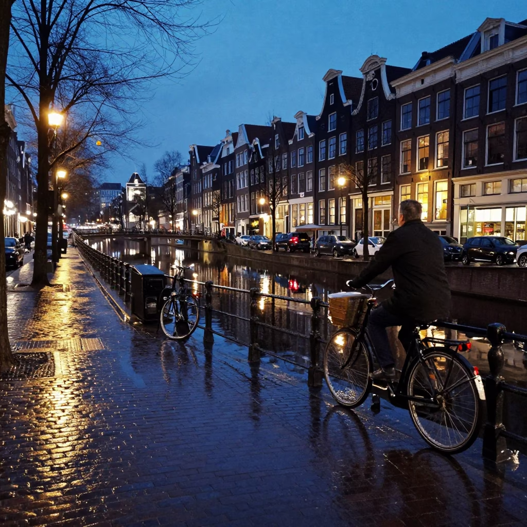 Amsterdam Canal Blue Hour Street Scene with Bicycle and Reflections in in Amsterdam, Netherlands