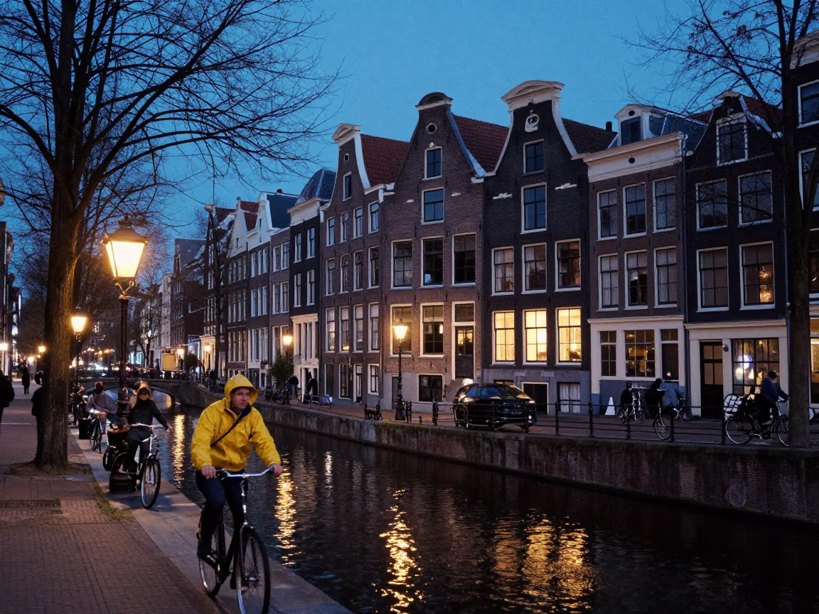Amsterdam Canal Blue Hour Street Scene with Cyclists and Brick Architecture in in Amsterdam, Netherlands
