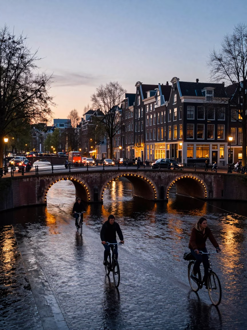Amsterdam Canal Bridge at Dawn with Bicycle Traffic and Brick Architecture in in Amsterdam, Netherlands