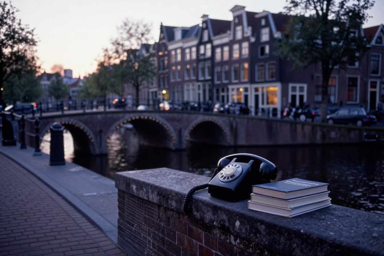 Amsterdam canal bridge at dawn with vintage telephone and university books in in Amsterdam, Netherlands