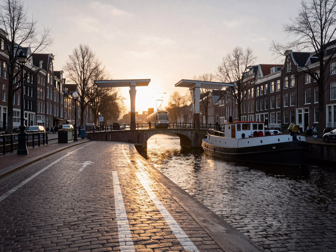 Amsterdam Canal Bridge at Sunrise with Tram and Tugboat in Harbor in in Amsterdam, Netherlands