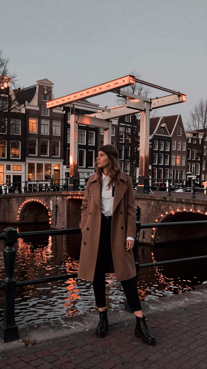 Amsterdam canal bridge counterweight house copper dusk high fashion in in Amsterdam, Netherlands
