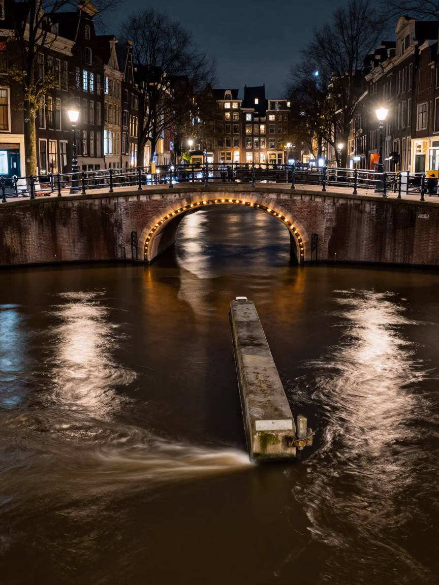 Amsterdam Canal Bridge Cutwater Splitting Brown Night Water Under Streetlights in in Amsterdam, Netherlands