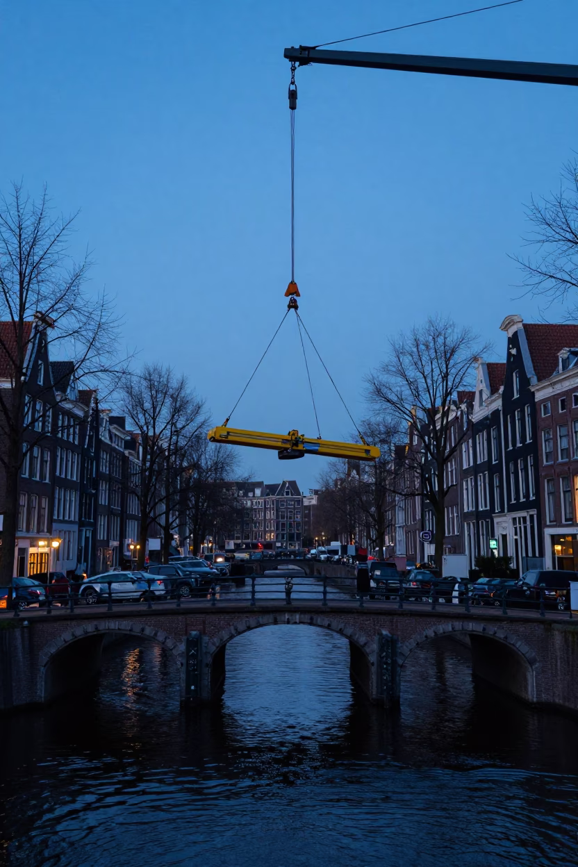 Amsterdam Canal Bridge Maintenance at Dawn with Hanging Cradle and Broom in in Amsterdam, Netherlands
