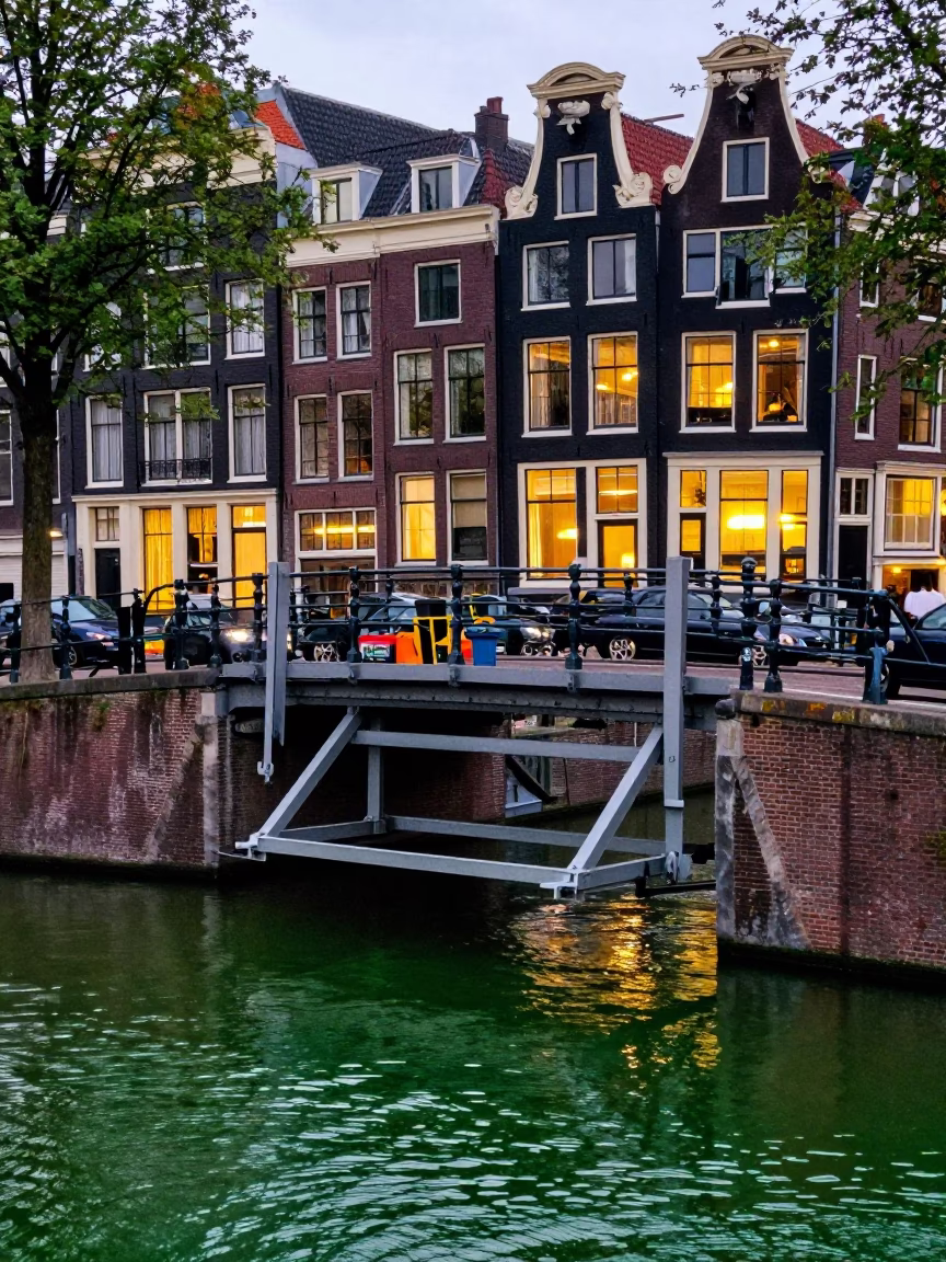 Amsterdam Canal Bridge Maintenance Cradle Over Green Water at Twilight in in Amsterdam, Netherlands