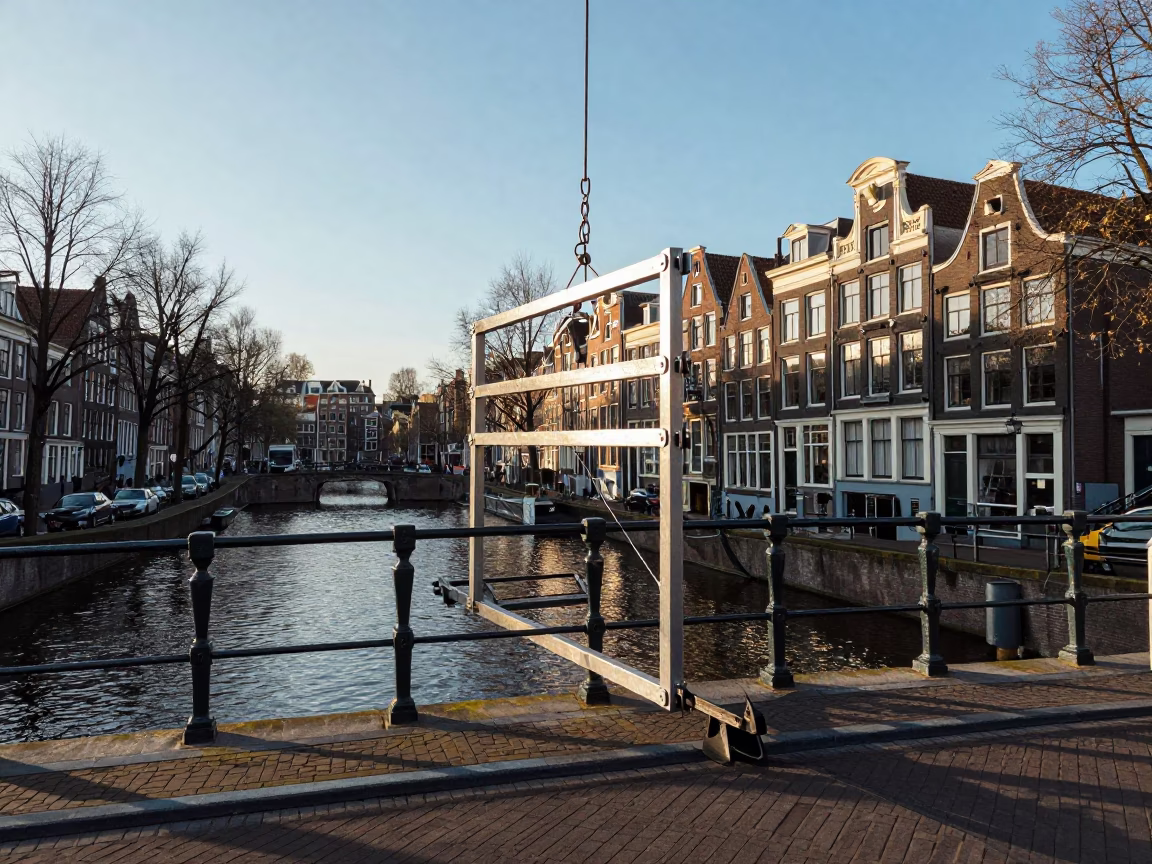 Amsterdam Canal Bridge Maintenance in Late Afternoon Sunlight with Cityscape Background in in Amsterdam, Netherlands