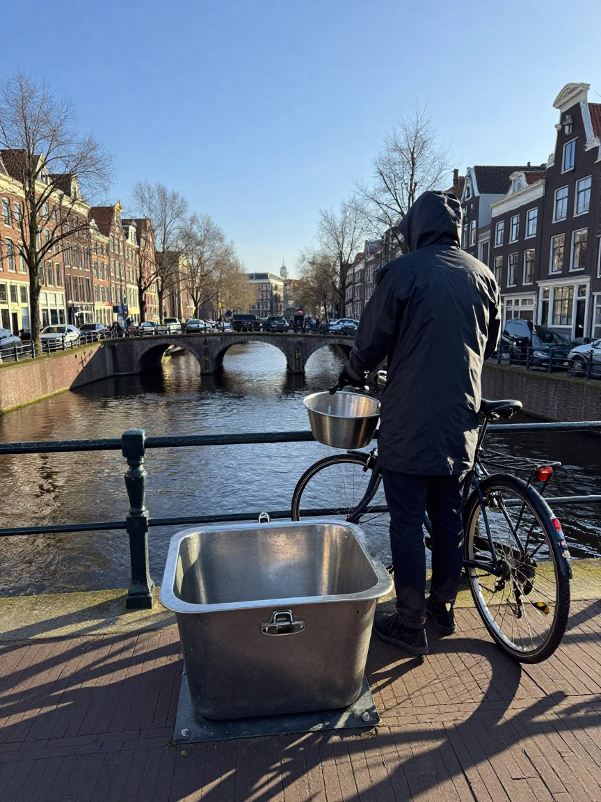 Amsterdam Canal Bridge Padlock and Steel Basin in Late Afternoon Light in in Amsterdam, Netherlands