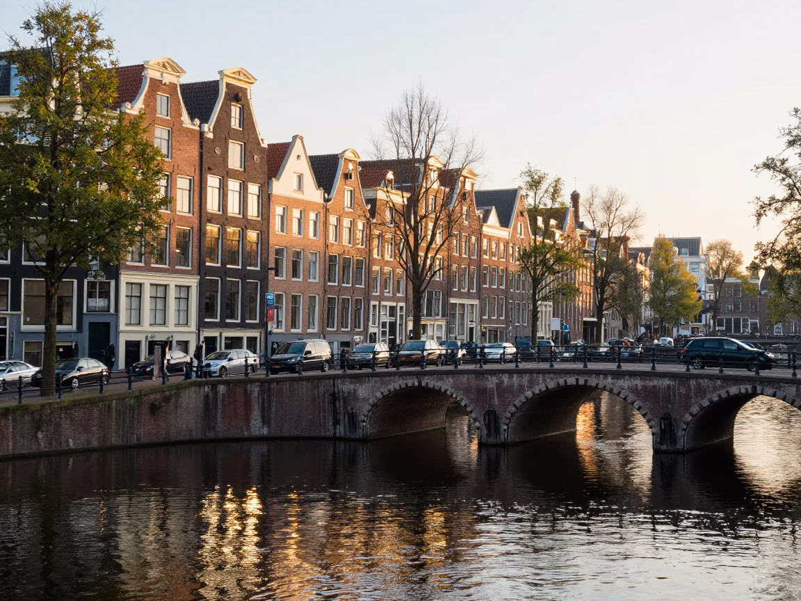 Amsterdam Canal Bridge Pier at Sunrise with Morning Commuter Traffic in in Amsterdam, Netherlands