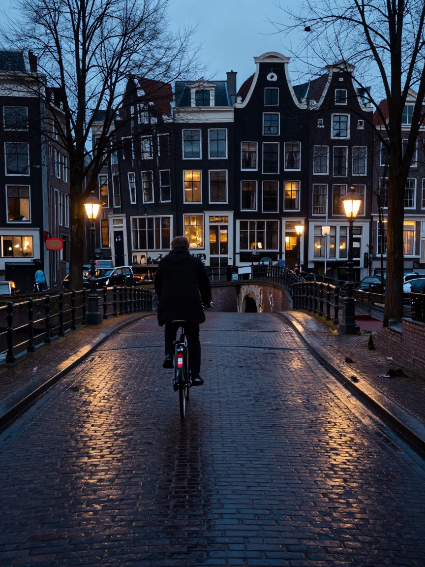 Amsterdam canal bridge predawn street scene with cyclist and tram in Netherlands in in Amsterdam, Netherlands