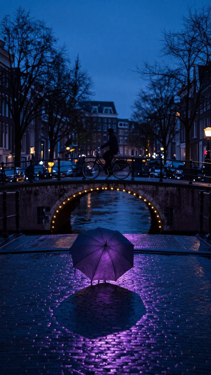 Amsterdam Canal Bridge Twilight Umbrella Shadow and Wet Cobblestones in in Amsterdam, Netherlands