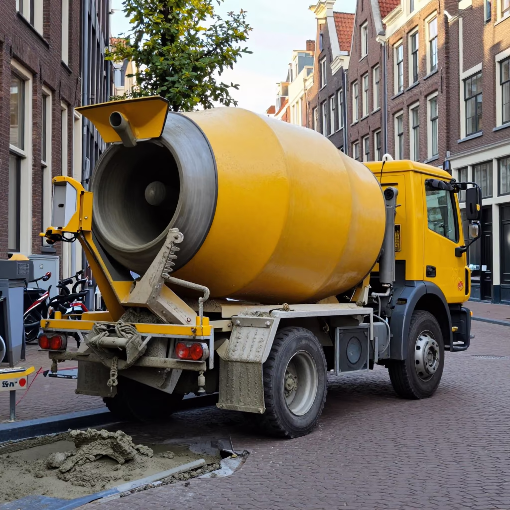 Amsterdam Canal Construction Cement Mixer and Cobblestone Street Late Morning in in Amsterdam, Netherlands
