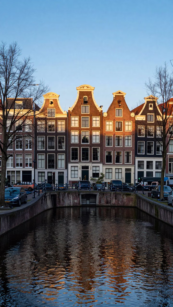 Amsterdam Canal Dawn Street Scene with Traditional Dutch Architecture and Quiet Waterfront in in Amsterdam, Netherlands