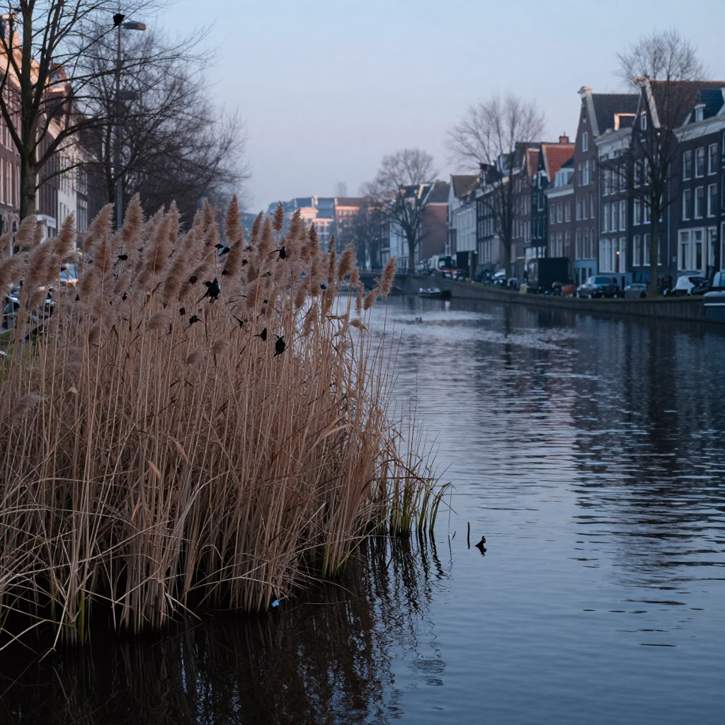 Amsterdam Canal Dawn with Papyrus Reeds and Starling in First Light in in Amsterdam, Netherlands