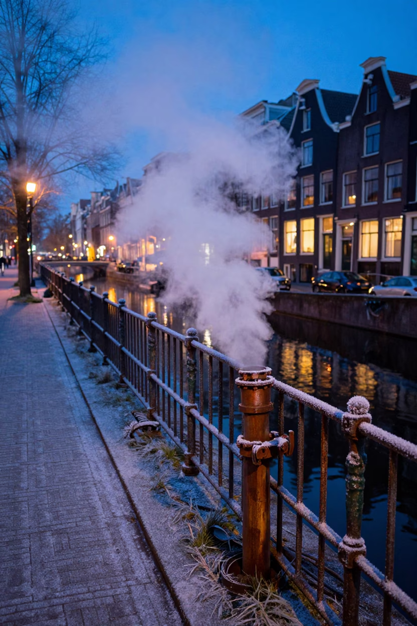Amsterdam Canal District Heating Pipe Steaming Behind Frost Coated Iron Fence in Predawn Darkness in in Amsterdam, Netherlands