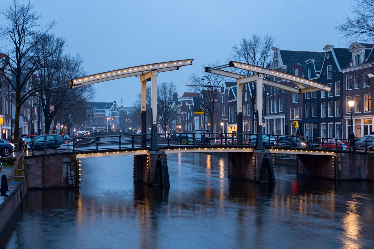 Amsterdam Canal Drawbridge at Pre-Dawn Rain Reflections and Iron Bridge in in Amsterdam, Netherlands