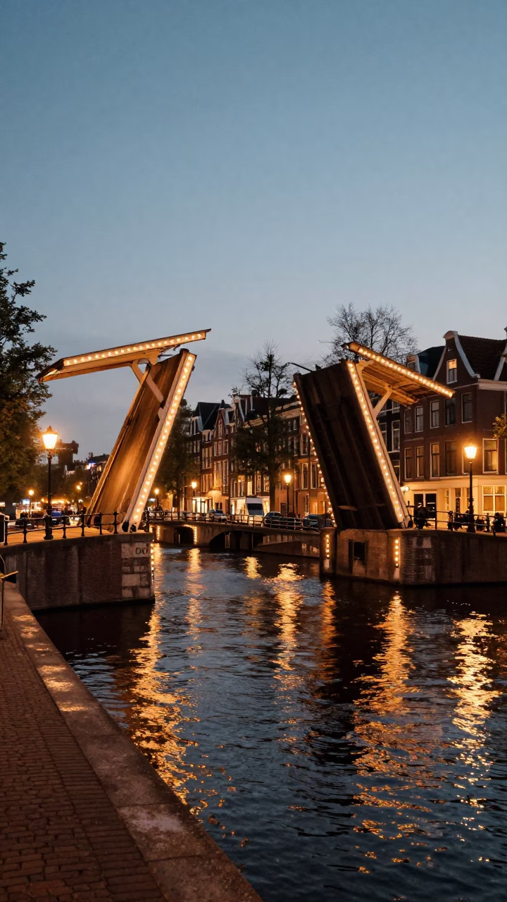 Amsterdam Canal Drawbridge Lifting at Dusk with Sodium Streetlights and Dark Water in in Amsterdam, Netherlands