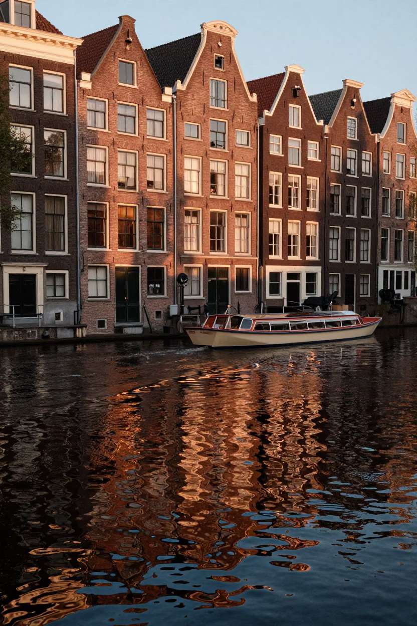 Amsterdam Canal Dusk Bronze Light Reflections on Historic Brick and Glass in in Amsterdam, Netherlands