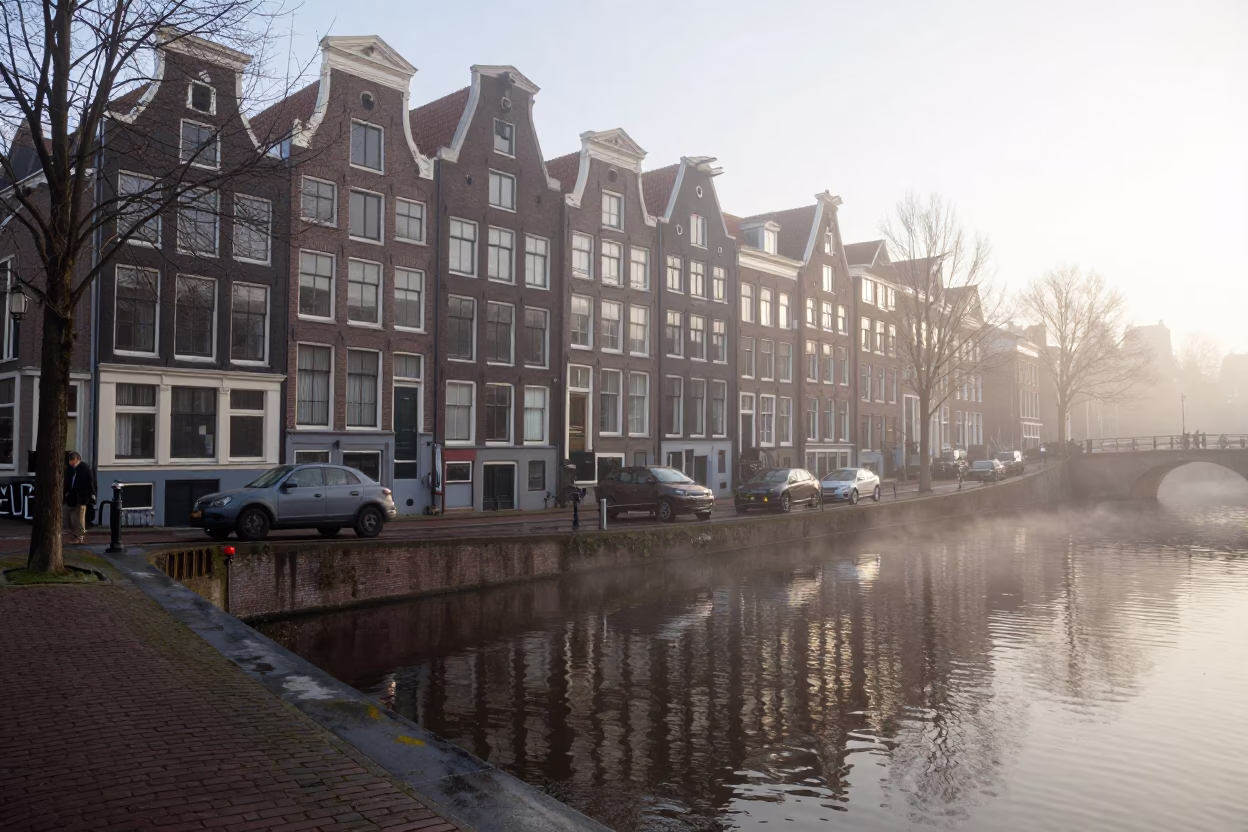 Amsterdam Canal Early Morning Mist and Historic Brick Architecture in in Amsterdam, Netherlands