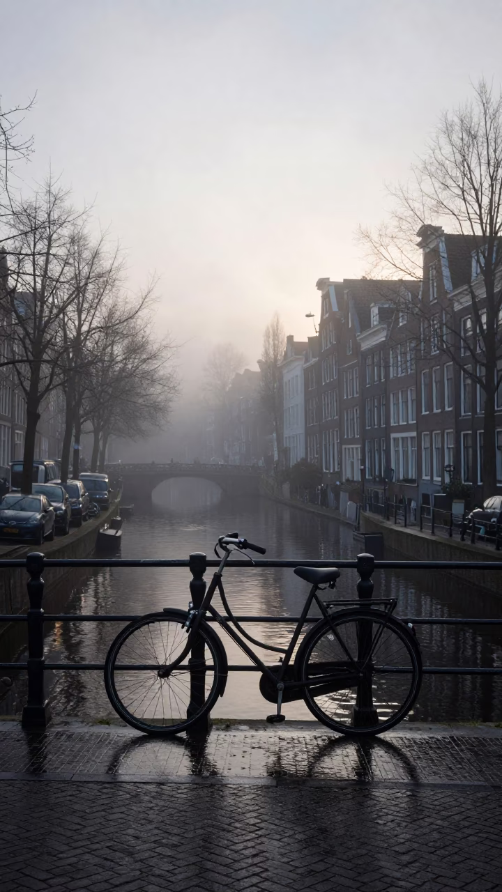 Amsterdam Canal Early Morning Mist with Bicycle and Cobblestone Street Scene in in Amsterdam, Netherlands