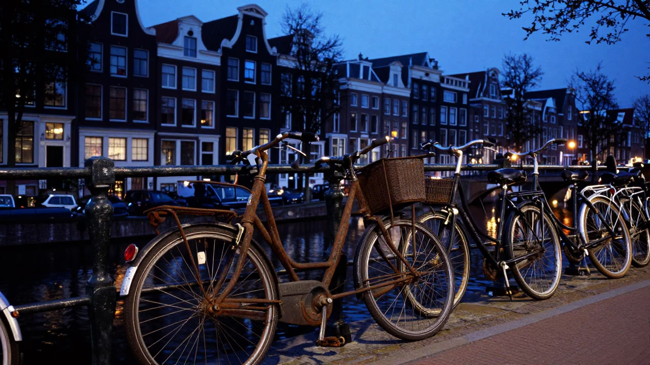 Amsterdam Canal Evening Blue Hour Bicycle Parking and Glass Lanterns in in Amsterdam, Netherlands