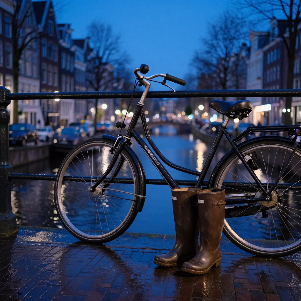 Amsterdam Canal Evening Blue Hour Bicycle Parking Rain Boots Condensation in in Amsterdam, Netherlands