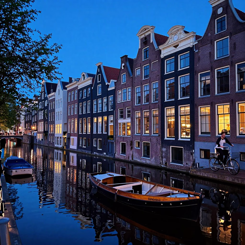 Amsterdam Canal Evening Blue Hour Heritage Brick Building Reflections in in Amsterdam, Netherlands