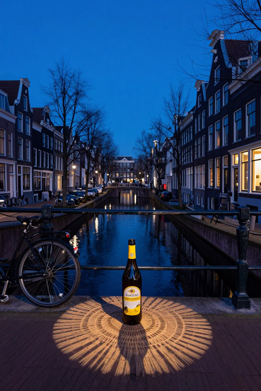 Amsterdam Canal Evening Blue Hour Wicker Shadow on Bottle Neck in in Amsterdam, Netherlands