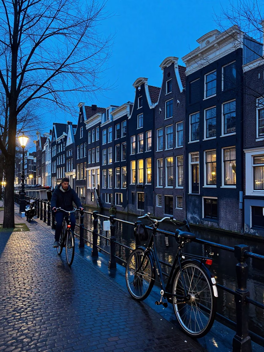 Amsterdam Canal Evening Blue Hour with Bicycle and Cobblestone Street Scene in in Amsterdam, Netherlands