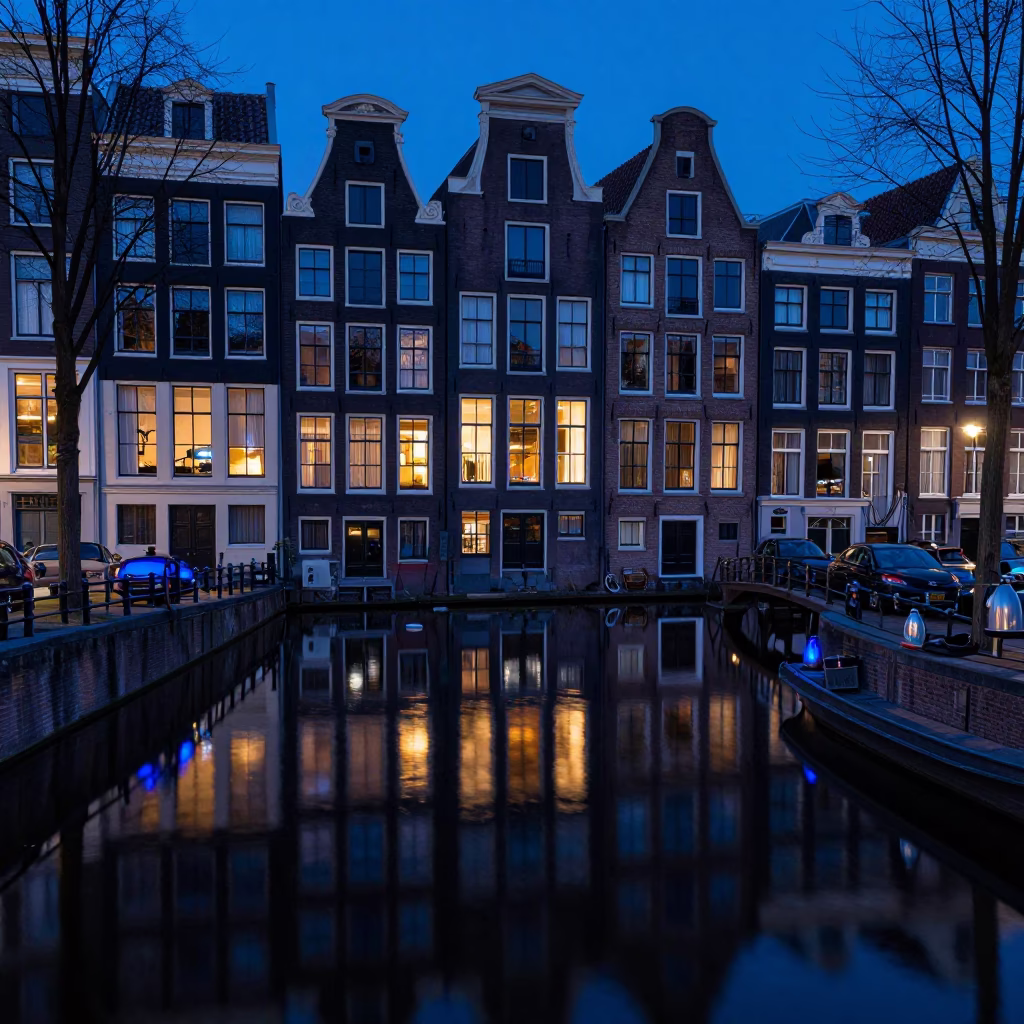 Amsterdam Canal Evening Blue Light Teapot and Kettle Reflections in in Amsterdam, Netherlands