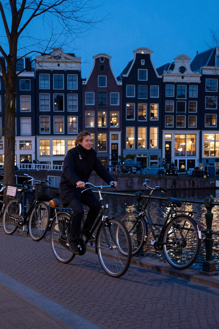 Amsterdam Canal Evening Blue Light with Bicycle and Traditional Architecture in in Amsterdam, Netherlands