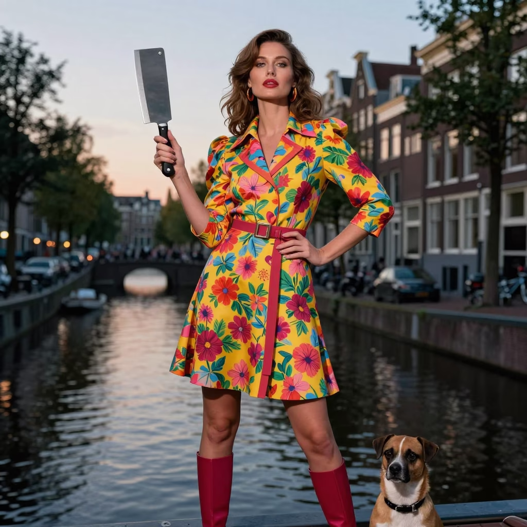 Amsterdam Canal Evening Fashion Portrait with Cleaver and Dog in in Amsterdam, Netherlands