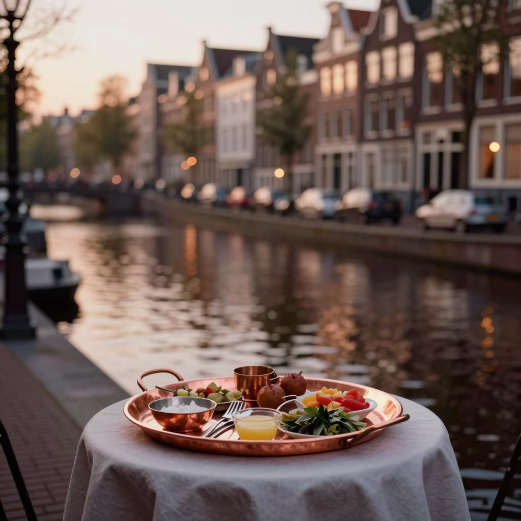 Amsterdam Canal Evening Light Copper Tray Cutlery and Brick Architecture in in Amsterdam, Netherlands