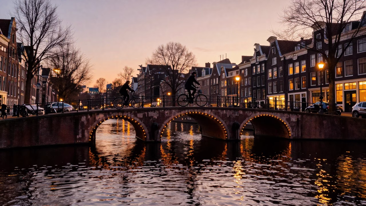 Amsterdam Canal Evening Light with Cyclist and Bicycle Reflections in in Amsterdam, Netherlands